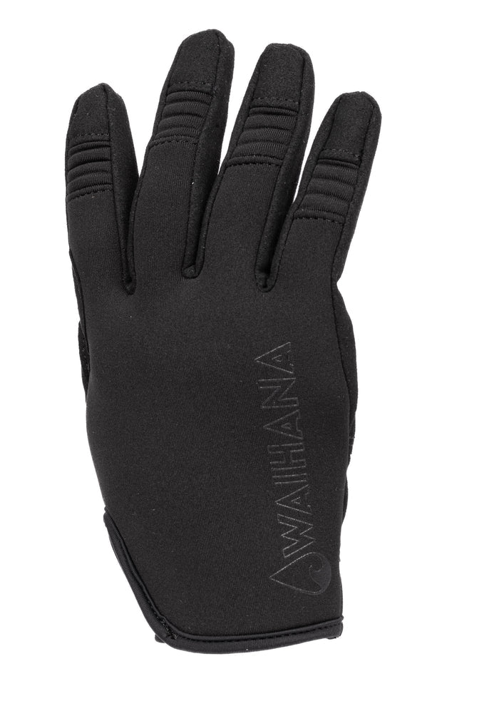 Waihana Maritime Tactical Glove in black neoprene, shown from the back with embossed Waihana logo and articulated finger panels, against a white background.