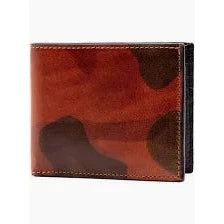 Martin Dingman Lodge Hemingway billfold in hand-finished brown saddle leather with a camouflage pattern.