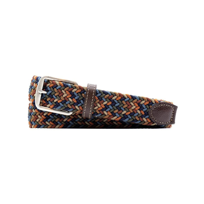Martin Dingman Newport belt in multicolored woven rayon elastic with brown Scotch grain leather trim and nickel buckle.
