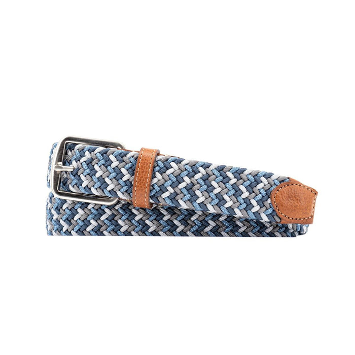 Blue and grey woven rayon elastic belt with brown Scotch grain leather trim and a brushed nickel buckle.