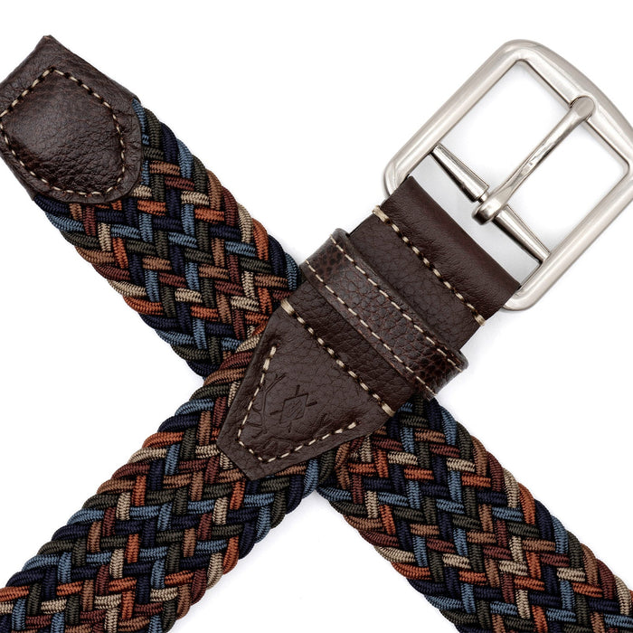 Martin Dingman Newport woven rayon belt in multi-colored fall tones with brown Scotch grain leather and nickel buckle.