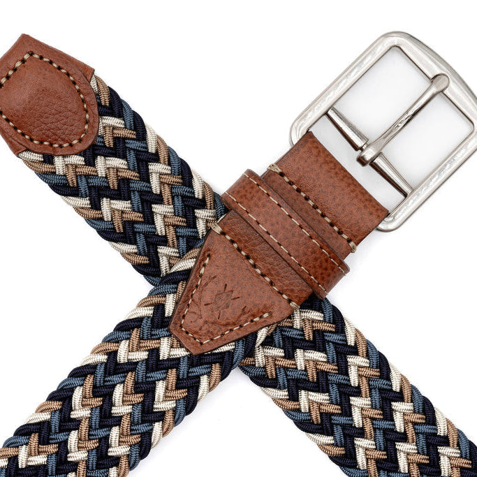 Martin Dingman woven rayon elastic belt in navy, tan, and blue with brown Scotch grain leather trim and nickel buckle.
