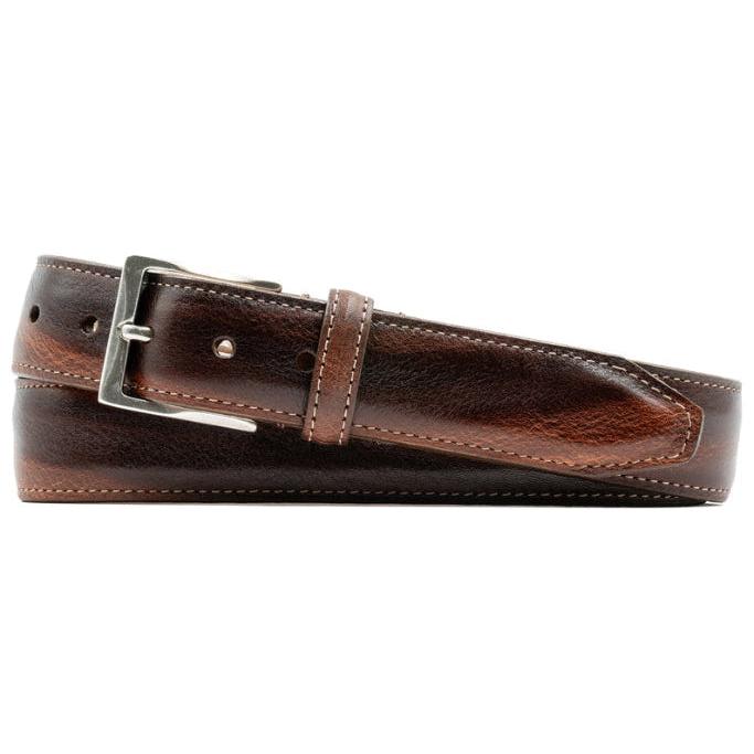 Dark brown shrunken Italian leather belt with an antique silver-finish buckle and detailed stitching.