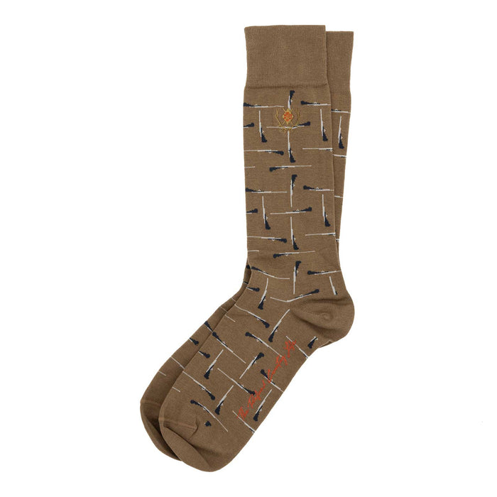 Tan Peruvian Pima cotton boot socks featuring a repeating shotgun pattern and small embroidered logo detail.