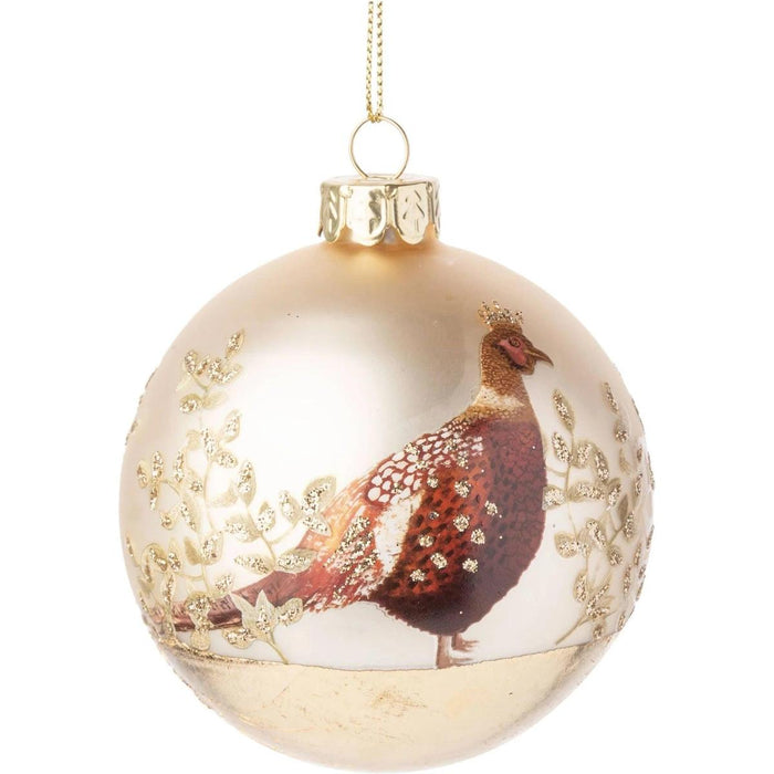 3-inch matte glass Christmas ornament featuring a partridge illustration and glittered gold leaf accents.