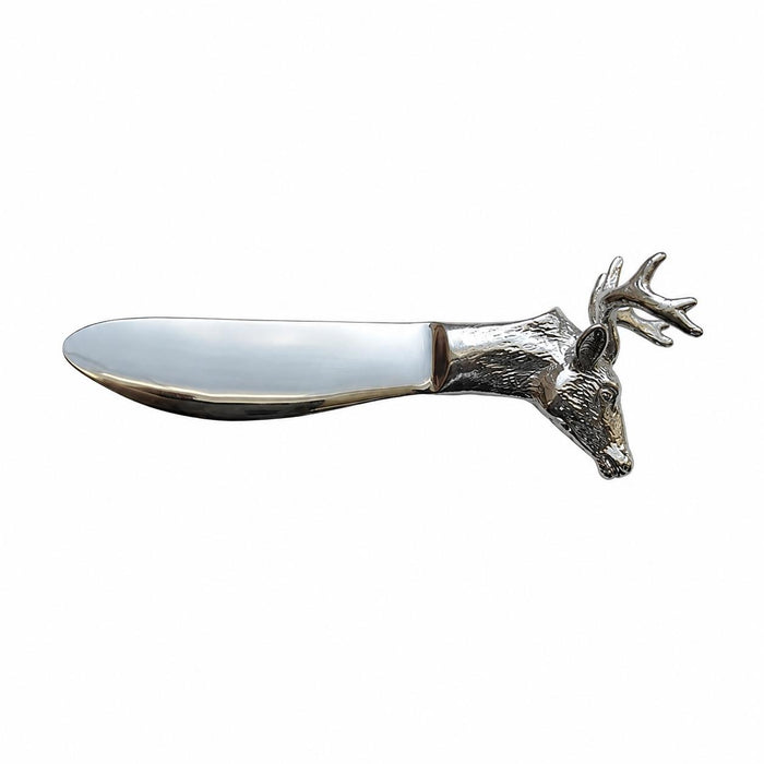 Stainless steel cheese spreader featuring a detailed silver deer head handle with intricate antler detailing.