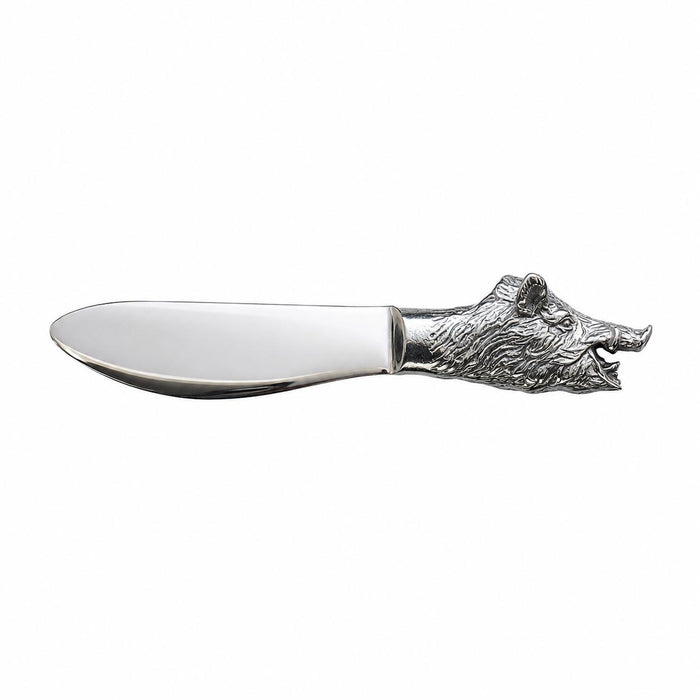 Stainless steel cheese spreader featuring a detailed wild boar head handle in a polished silver finish.