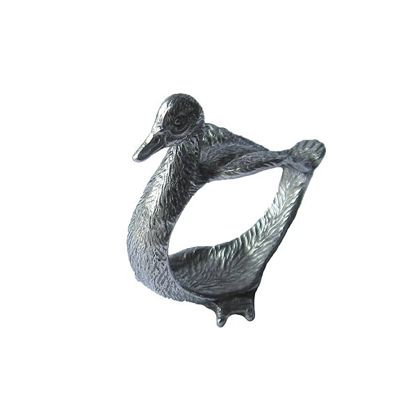 Handcrafted fine pewter napkin ring featuring a detailed duck design with a polished silver finish.