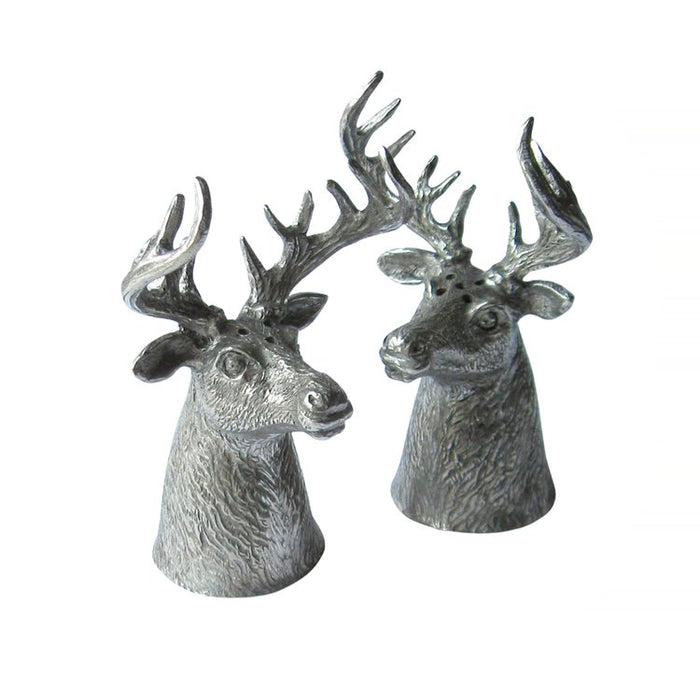 Handcrafted fine pewter salt and pepper shakers shaped like detailed deer heads with an elegant, textured silver finish.
