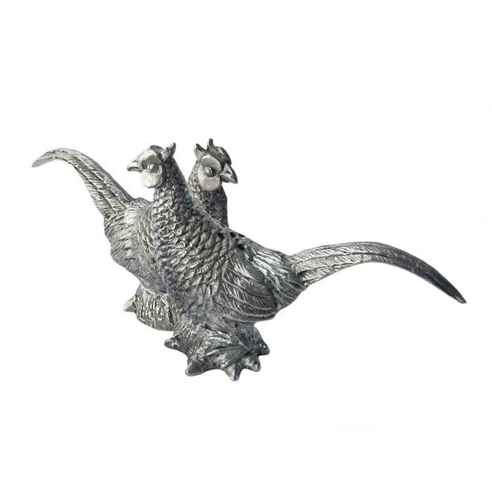 Handcrafted fine pewter salt and pepper shakers shaped like detailed pheasants with a polished silver finish.