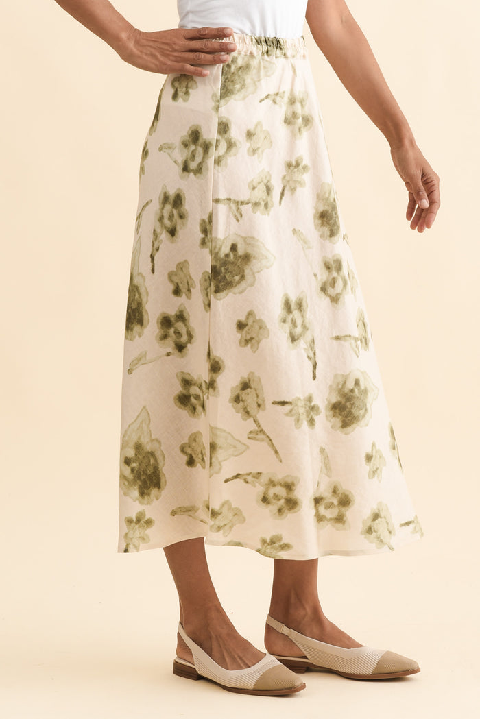 Modena Cream Floral Linen Midi Skirt,Brunette model,alt text|model:Cara