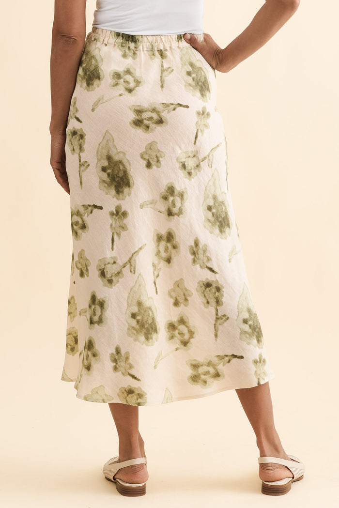 Modena Cream Floral Linen Midi Skirt,Brunette model,alt text|model:Cara