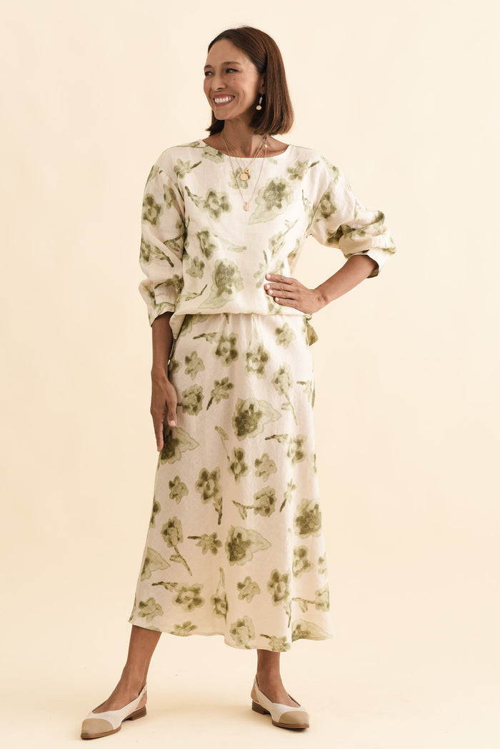 Modena Cream Floral Linen Midi Skirt,Brunette model,alt text|model:Cara