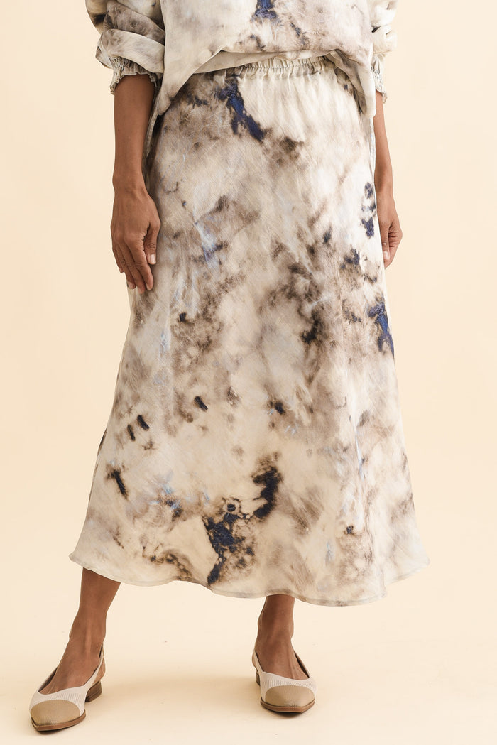 Modena Taupe Abstract Linen Midi Skirt,Brunette model,alt text|model:Cara