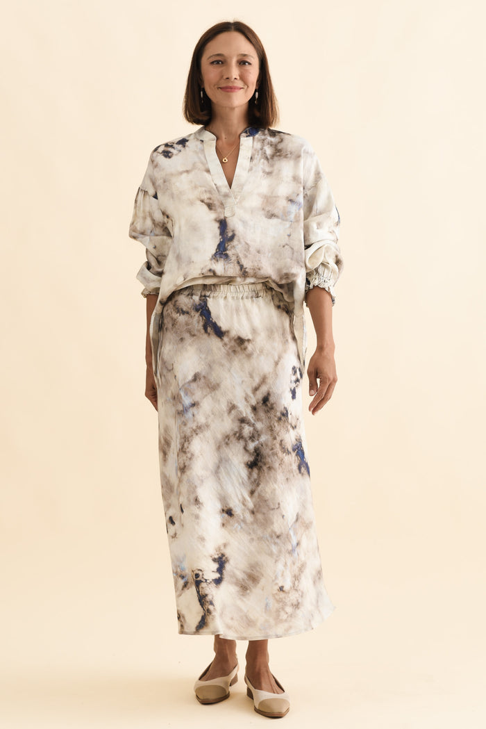 Modena Taupe Abstract Linen Midi Skirt,Brunette model,alt text|model:Cara
