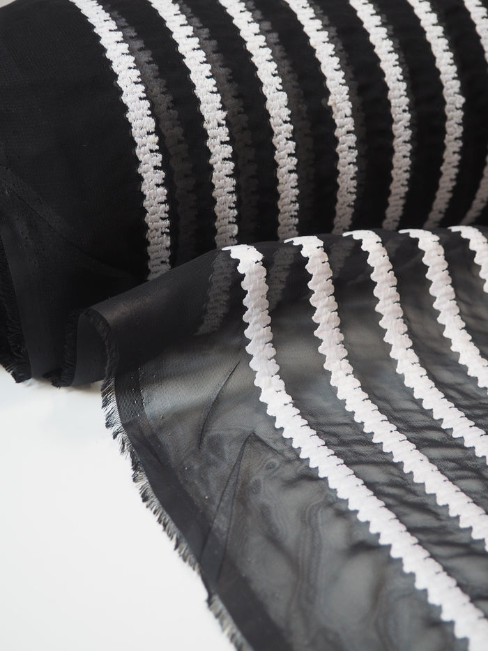 Monochrome Embroidered Stripe Chiffon