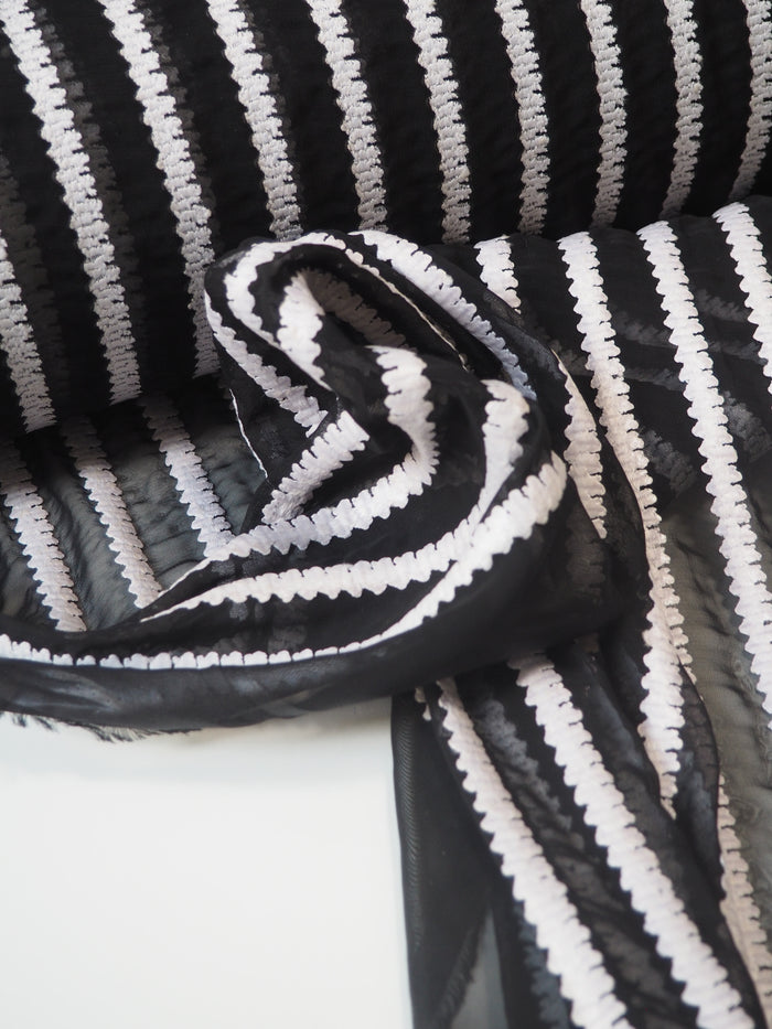 Monochrome Embroidered Stripe Chiffon