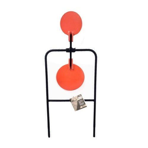 Mossy Oak Outfitters 4-inch centerfire handgun spinner target with two orange steel plates on a black rebar frame.