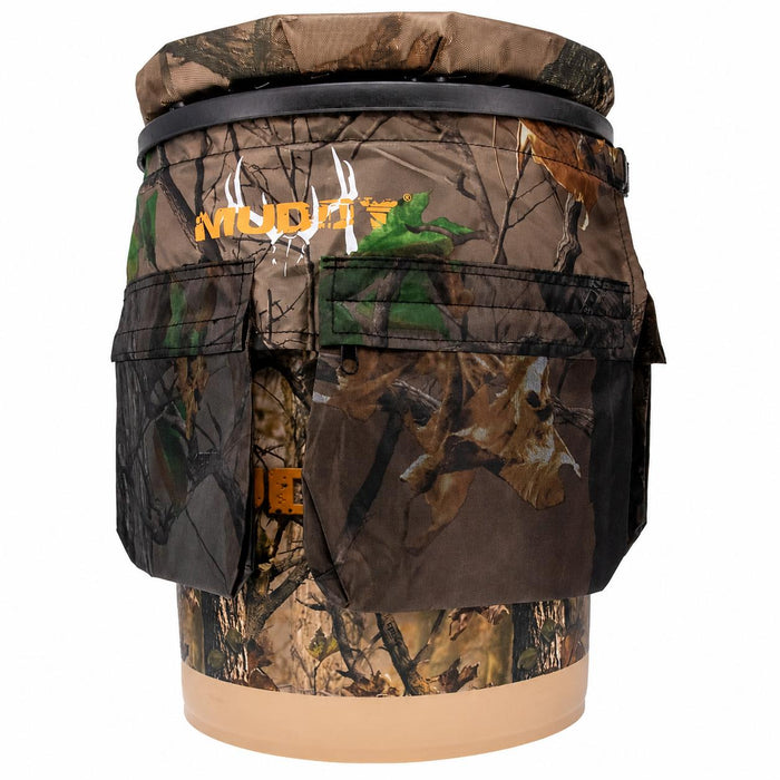 Muddy Sportsman's 5-gallon hunting bucket with camouflage cover, cushioned spin-top seat, and gear storage pouches.