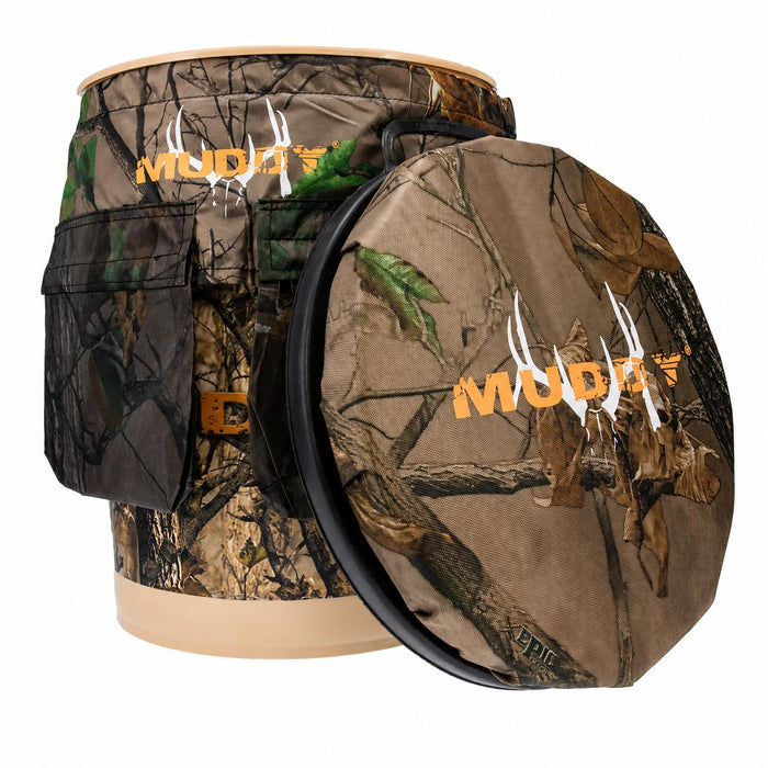 Muddy Sportsman’s 5-gallon camo hunting bucket with a cushioned spin-top seat and integrated gear storage pouch.