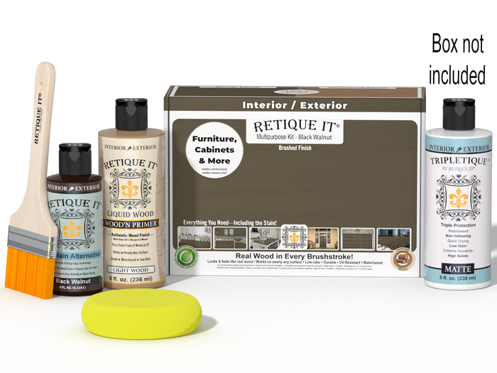Retique It Multi-purpose Smooth Finish Kit in Black Walnut for interior wood projects, includes top coat and accessories.