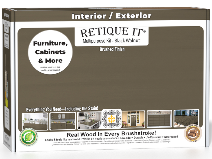 Retique It Black Walnut Multi-purpose Smooth Finish Kit for interior wood projects, includes top coat and application tools.