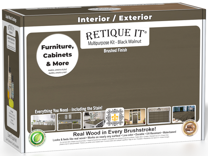 Retique It Multi-purpose Smooth Finish Kit in Black Walnut for interior wood top coating, includes application tools and finish components.