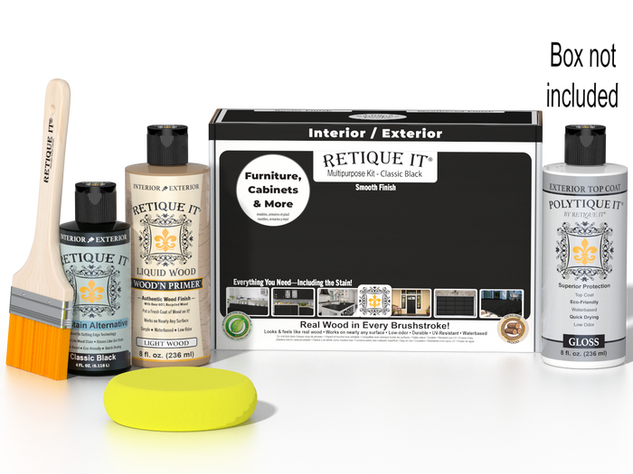 Retique It Multi-purpose Smooth Finish Kit in Classic Black with exterior gloss top coat and wood finish applicator tools.