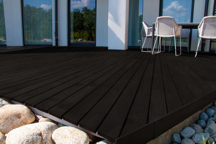 Retique It wood finish kit with classic black exterior top coat, smooth matte black wood decking surface.