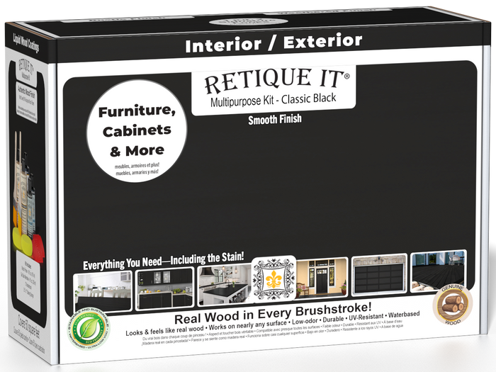 Retique It Multi-purpose Smooth Finish Kit in classic black for exterior wood tops, featuring matte top coat in a wood finishing box.
