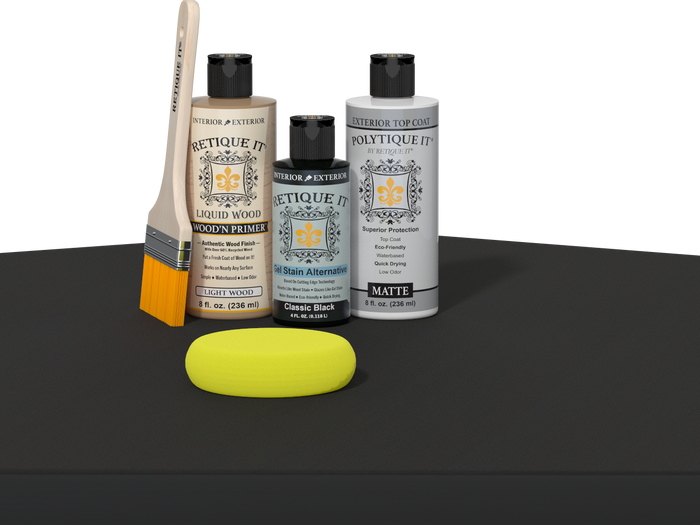 Retique It wood finish kit with black satin exterior top coat, featuring smooth finish for wood projects.