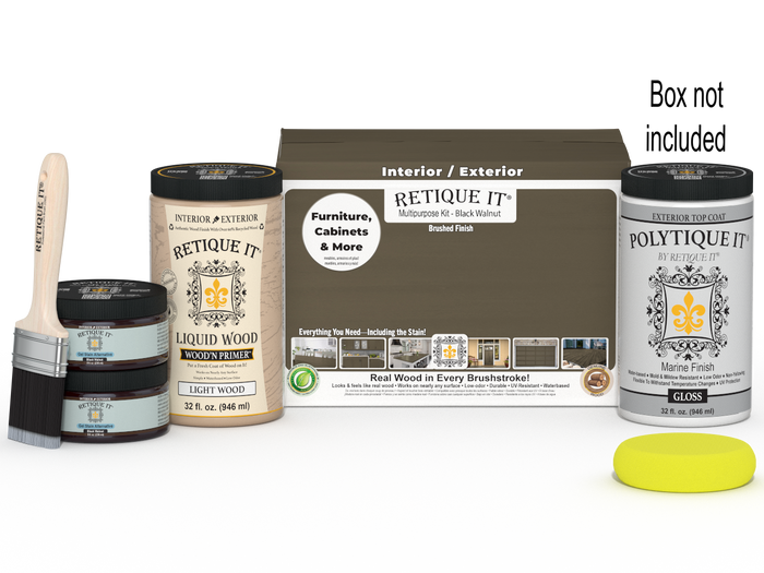 Retique It Multi-purpose Smooth Finish Kit in black walnut for exterior wood, includes top coat and gloss for a sleek finish.
