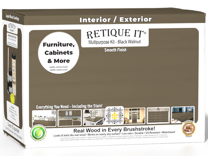 Retique It Multi-purpose Smooth Finish Kit (Large) in Black Walnut for exterior top coat with a matte finish, includes application tools.