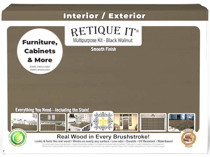 Retique It Large Black Walnut Multi-purpose Smooth Finish Kit with exterior top coat, matte finish, for wood furniture and surfaces.