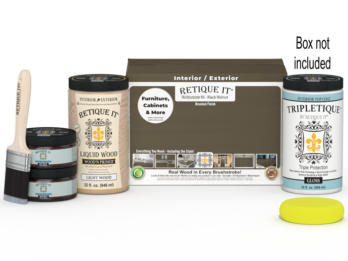 Retique It Multi-purpose Smooth Finish Kit Large in Black Walnut with interior top coat gloss, showing wood finish and application tools.