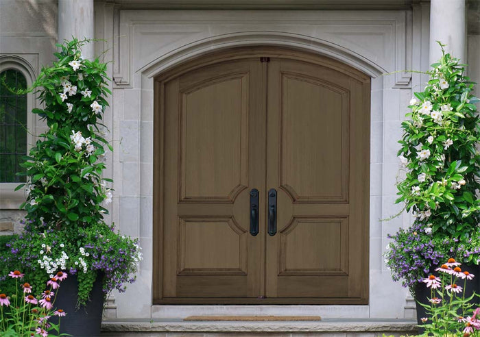 Retique It Multi-purpose Smooth Finish Kit in Black Walnut for exterior wood, shown on a double front door.