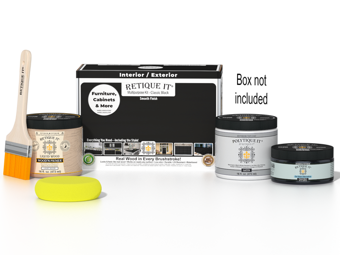 Retique It Multi-purpose Smooth Finish Kit in Classic Black for exterior wood, includes top coat and application tools.