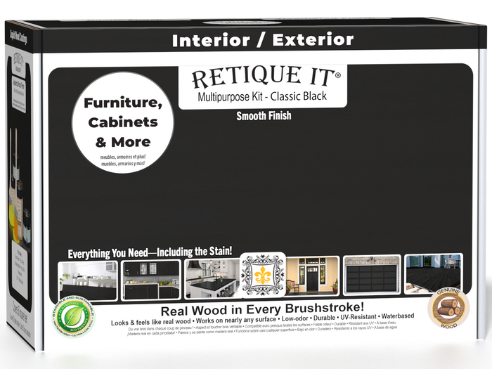 Retique It Multi-purpose Smooth Finish Kit in Classic Black for wood, includes exterior top coat with matte finish, compact box image.