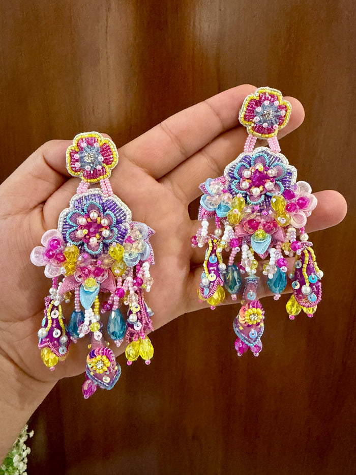 Multicolour Floral Handmade Beaded Chandelier Earrings