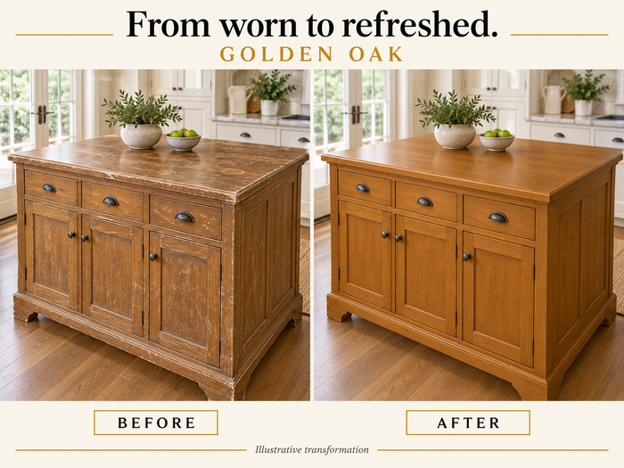 Illustrative before-and-after comparison of a worn wooden kitchen island refinished in Golden Oak.