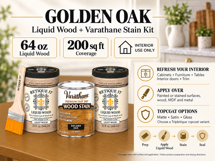 Golden Oak Liquid Wood and Varathane stain kit guide showing 64 oz of Liquid Wood, interior applications, preparation steps, and matte, satin, and gloss topcoat options.