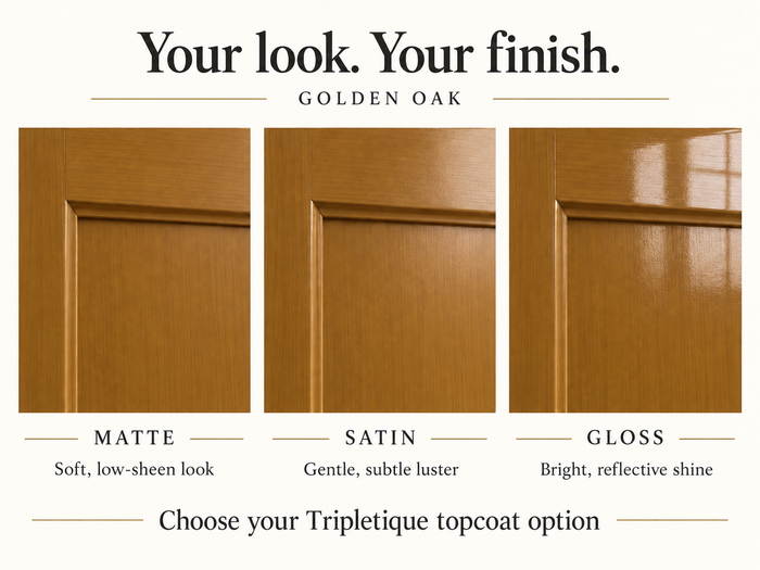 Golden Oak cabinet finish comparison: matte with low sheen, satin with subtle luster, and gloss with reflective shine.