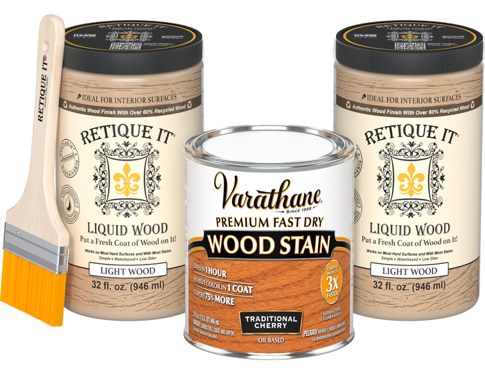 Angled product view of the 64 oz Retique It Liquid Wood kit with Varathane Traditional Cherry stain and a paintbrush.