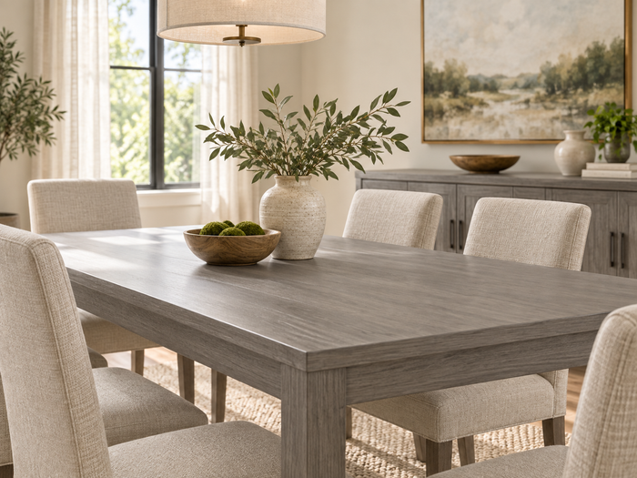 Weathered Gray dining table and matching sideboard with cream upholstered chairs in a bright dining room.