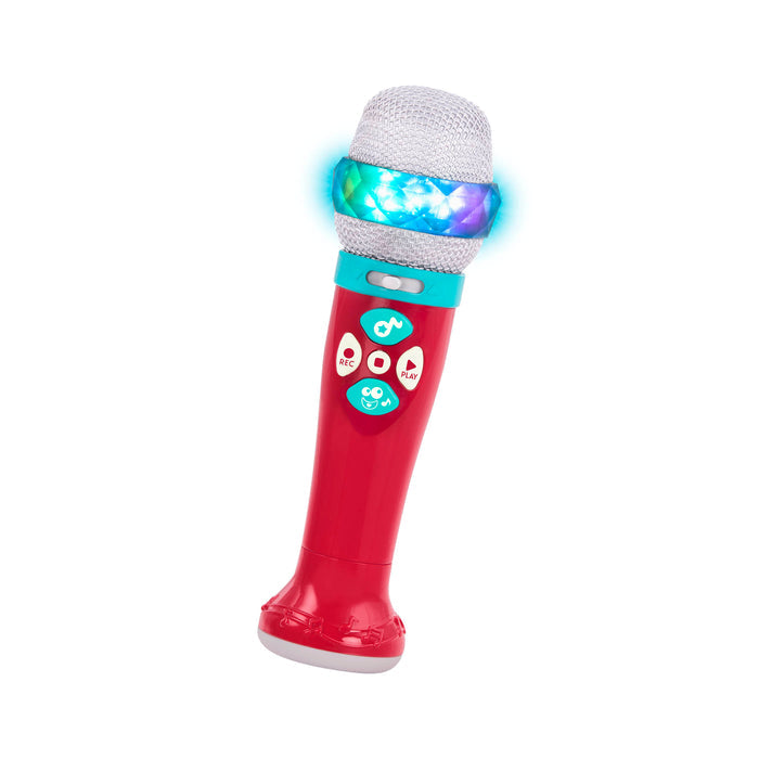 A red microphone toy for toddlers and kids.IA child playing with a toy microphone.