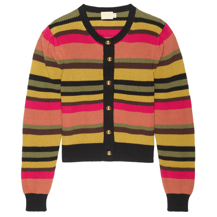 Nation Carmela crewneck cardigan featuring multi-colored horizontal stripes, balloon sleeves, and gold statement buttons.