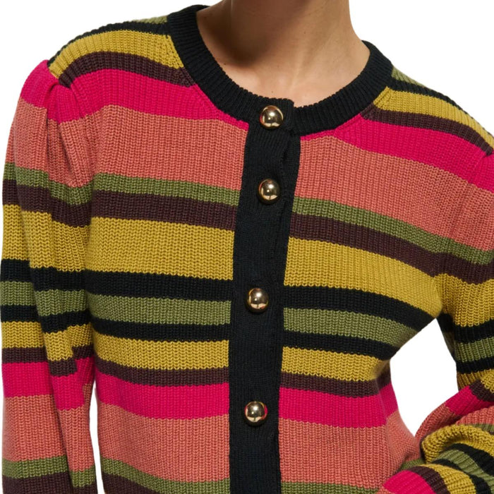 Nation Carmela striped knit cardigan with balloon sleeves, black ribbed trim, and gold statement buttons.