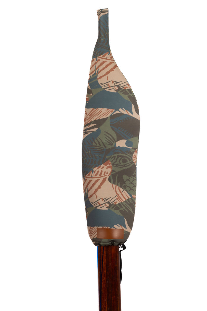 Waihana Neoprene Protective SpearSock in Bimini Brushstroke camouflage pattern fitted over the blade of a wooden pole spear, shown on a white background.