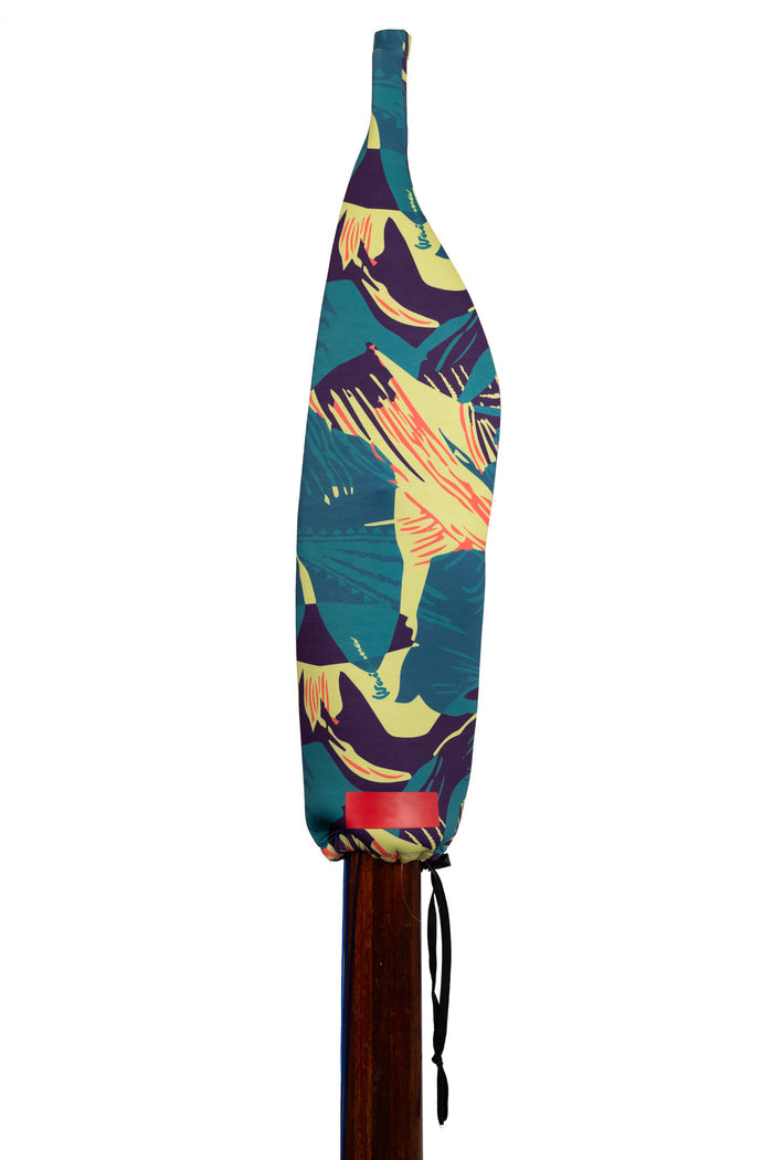 Waihana Neoprene Protective SpearSock in Tropicam Green tropical print, fitted over the tip of a wooden pole spear on a white background.