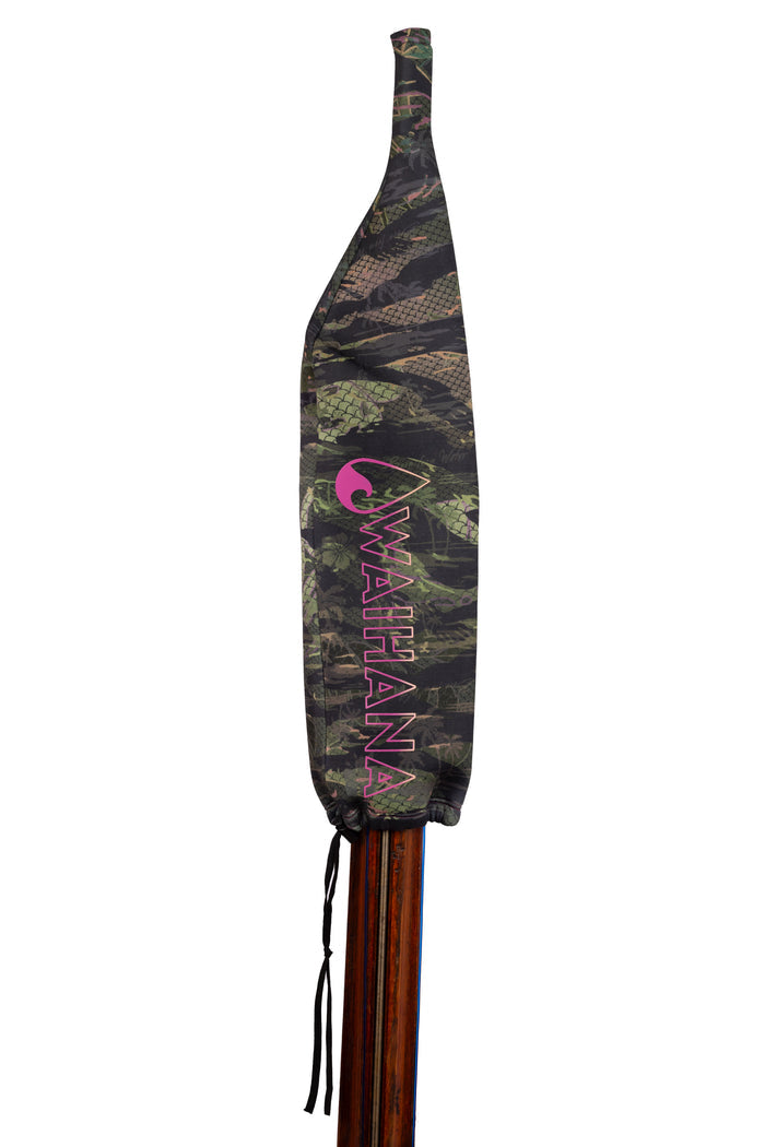 Waihana Neoprene Protective SpearSock in Tropicam Green camouflage pattern with pink logo, fitted over the tip of a wooden pole spear against a white background.